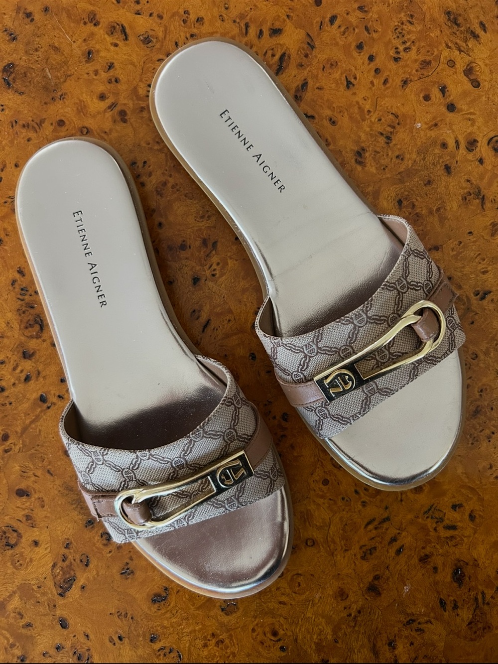 Etienne Aigner Taupe Logo-Print Slide Sandals with Gold Accent